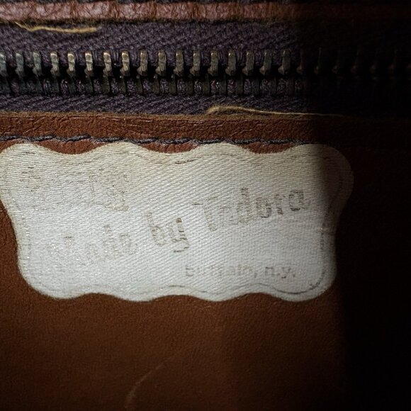 Vtg 70s Retro Preppy Brown Leather Bermuda Handbag Double Wood Handles Tadora - Picture 9 of 10